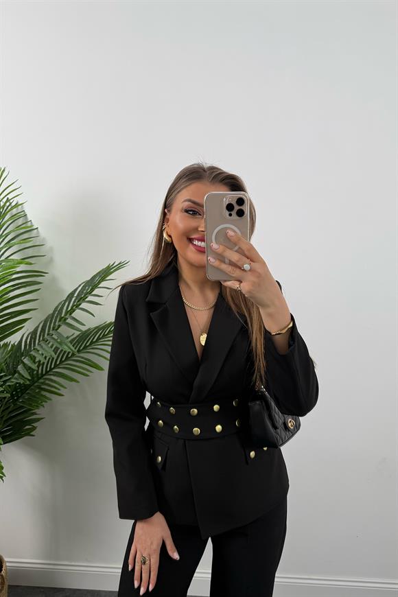 Marka Model Kemeri Zımbalı Tasarım Blazer Ceket Siyah