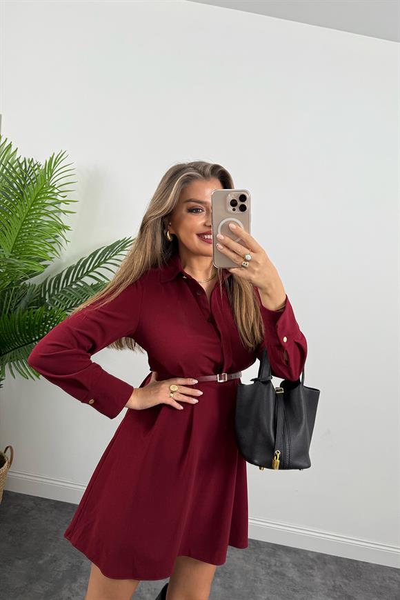 Marka Model Kemerli Krep Kumaş Kloş Elbise Bordo