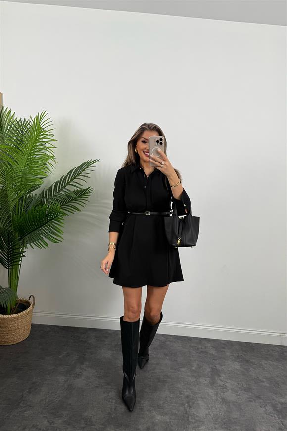 Marka Model Kemerli Krep Kumaş Kloş Elbise Siyah