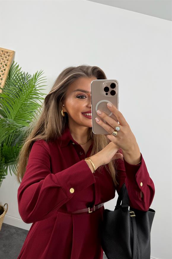 Marka Model Kemerli Krep Kumaş Kloş Elbise Bordo