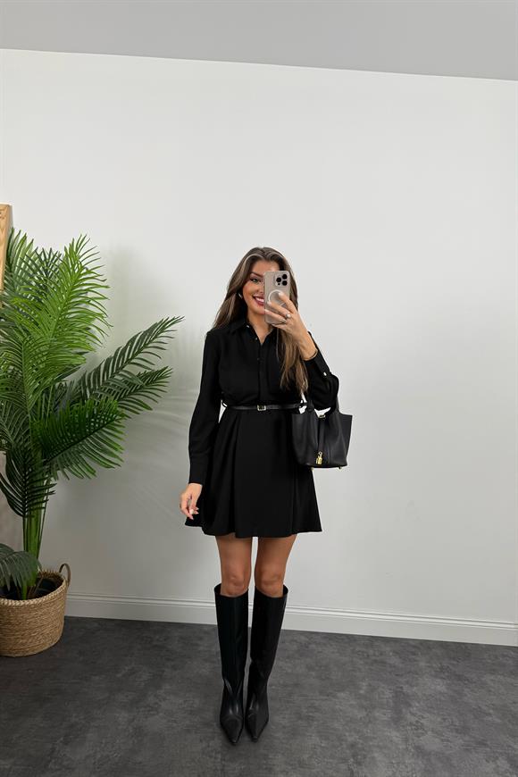 Marka Model Kemerli Krep Kumaş Kloş Elbise Siyah