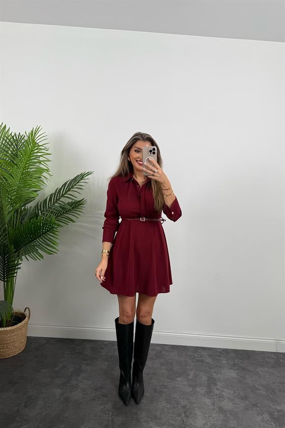 Marka Model Kemerli Krep Kumaş Kloş Elbise Bordo