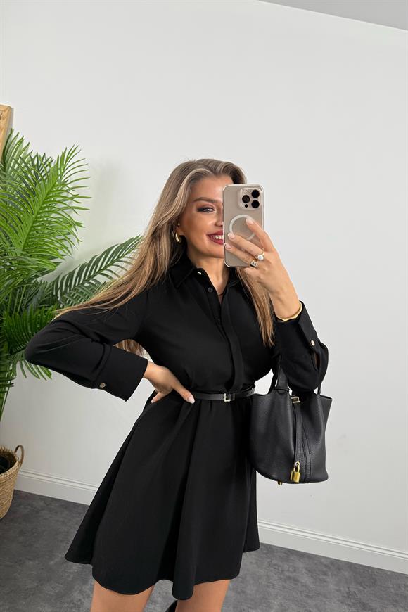 Marka Model Kemerli Krep Kumaş Kloş Elbise Siyah