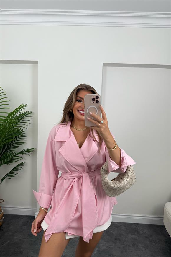 Marka Model Kruvaze Kuşaklı Tasarım Poplin Gömlek Pembe