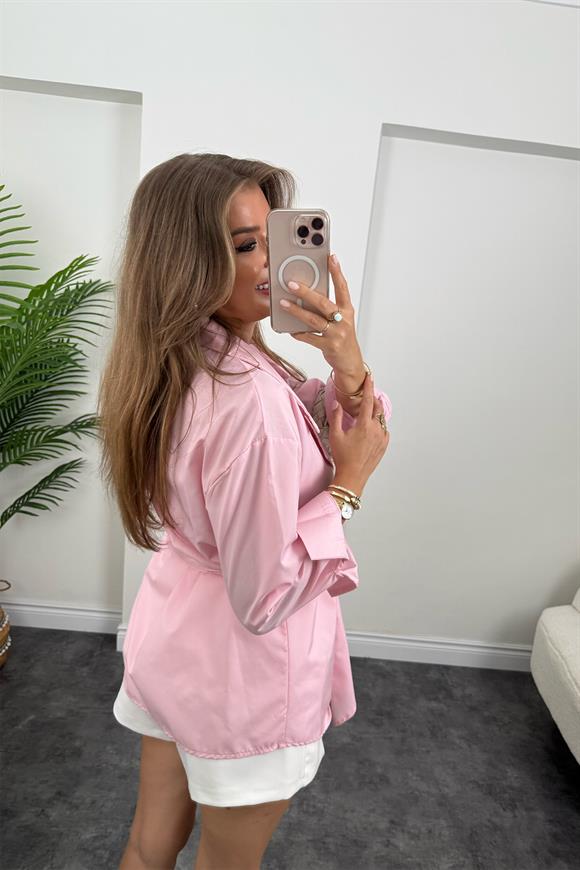 Marka Model Kruvaze Kuşaklı Tasarım Poplin Gömlek Pembe