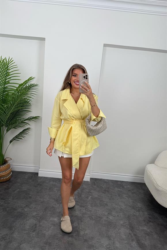 Marka Model Kruvaze Kuşaklı Tasarım Poplin Gömlek Sarı
