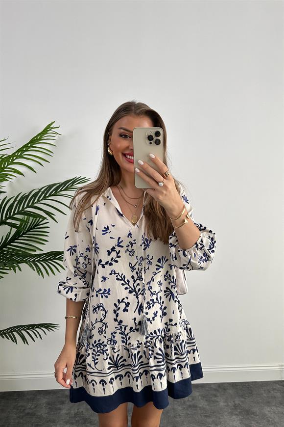 Marka Model Lacivert Beyaz Valonlu Kısa Elbise