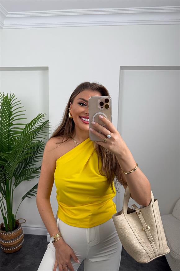 Marka Model Likralı Drapeli Tek Omuz Tasarım Bluz Sarı