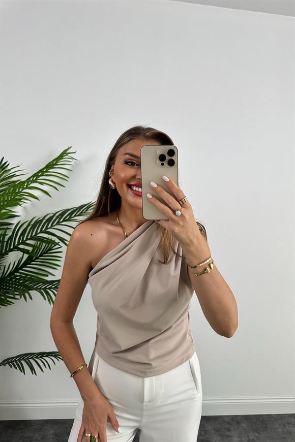 Marka Model Likralı Drapeli Tek Omuz Tasarım Bluz Taş 