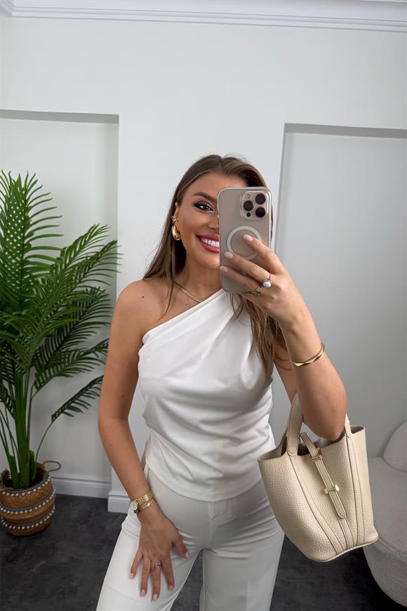 Marka Model Likralı Drapeli Tek Omuz Tasarım Bluz Ekru