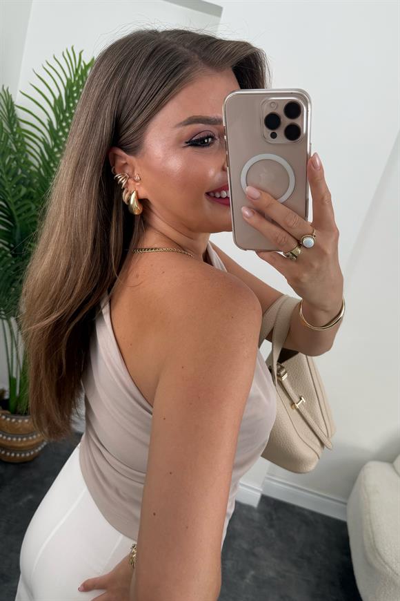 Marka Model Likralı Drapeli Tek Omuz Tasarım Bluz Taş 