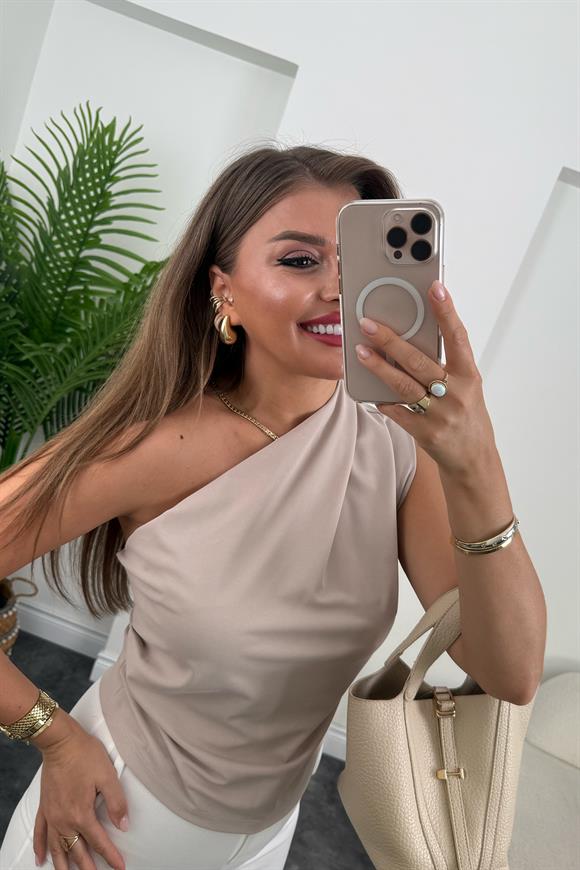 Marka Model Likralı Drapeli Tek Omuz Tasarım Bluz Taş 