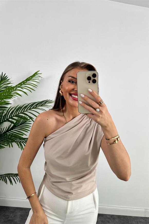 Marka Model Likralı Drapeli Tek Omuz Tasarım Bluz Taş 