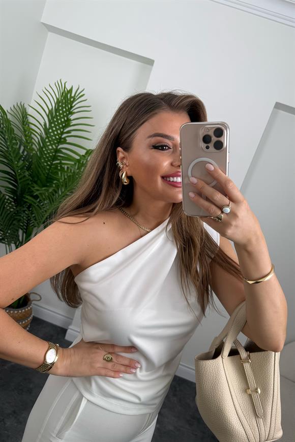 Marka Model Likralı Drapeli Tek Omuz Tasarım Bluz Ekru