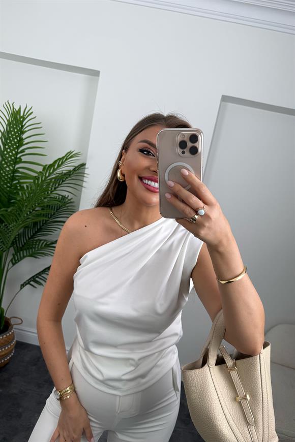 Marka Model Likralı Drapeli Tek Omuz Tasarım Bluz Ekru