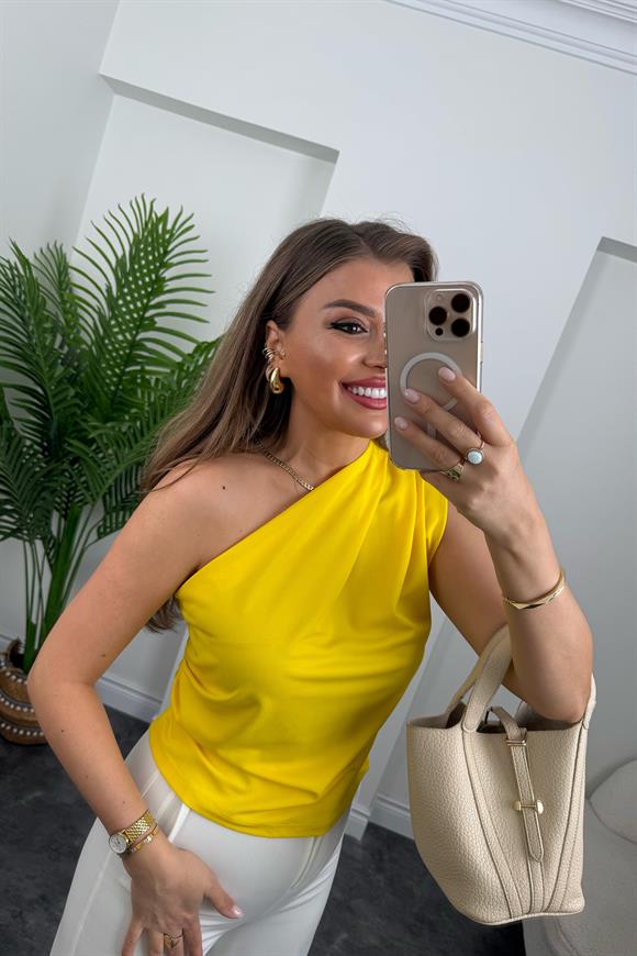 Marka Model Likralı Drapeli Tek Omuz Tasarım Bluz Sarı