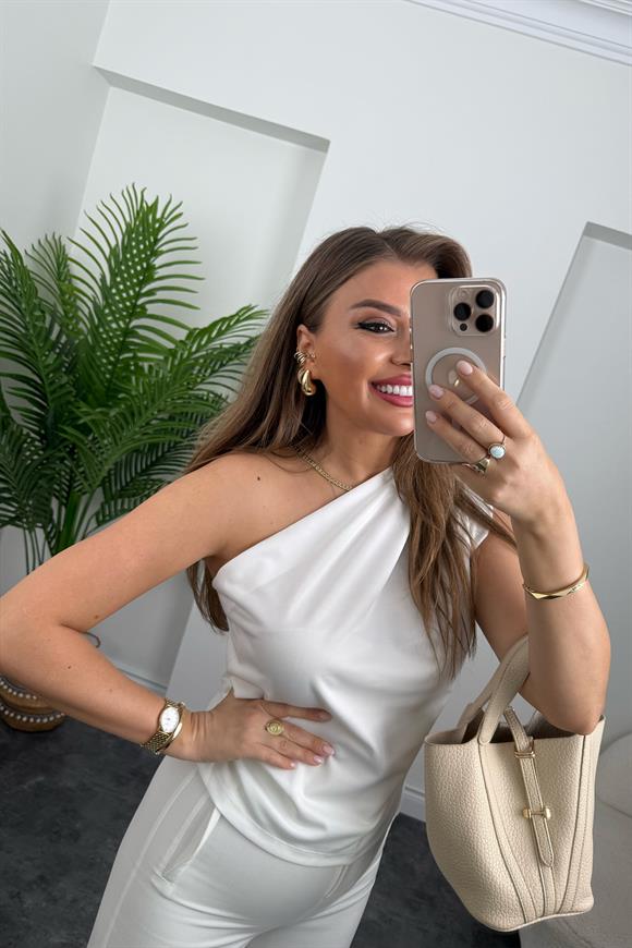 Marka Model Likralı Drapeli Tek Omuz Tasarım Bluz Ekru