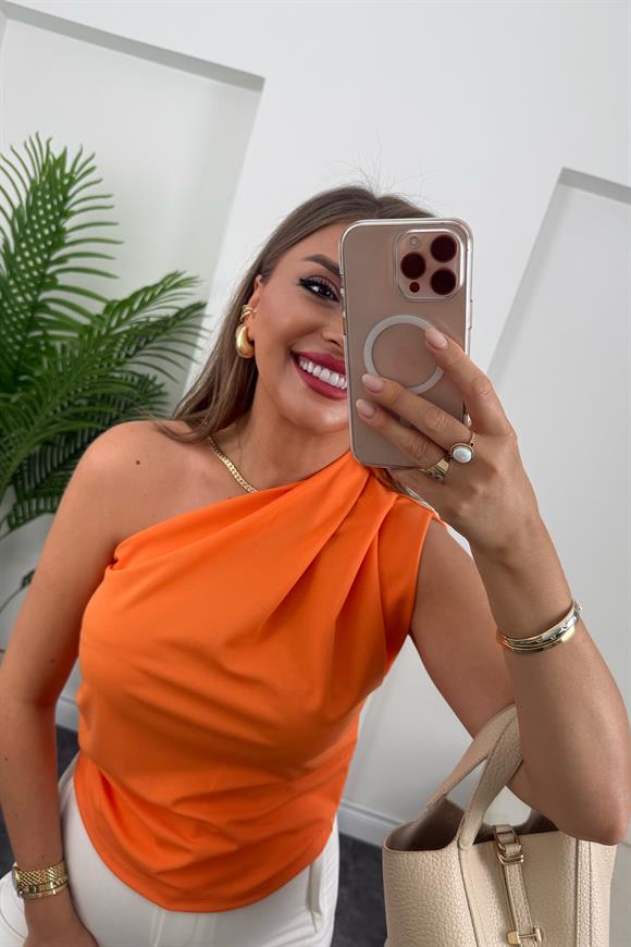 Marka Model Likralı Drapeli Tek Omuz Tasarım Bluz Turuncu 
