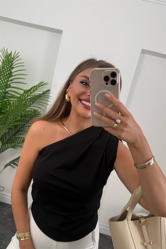 Marka Model Likralı Drapeli Tek Omuz Tasarım Bluz Siyah 