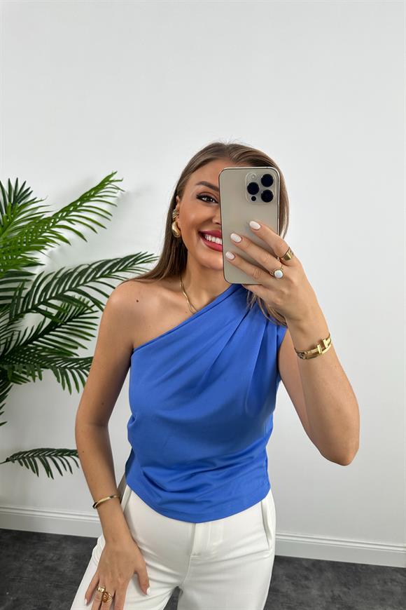 Marka Model Likralı Drapeli Tek Omuz Tasarım Bluz Mavi