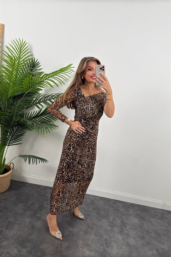 Marka Model Likralı Leopar Tül Elbise
