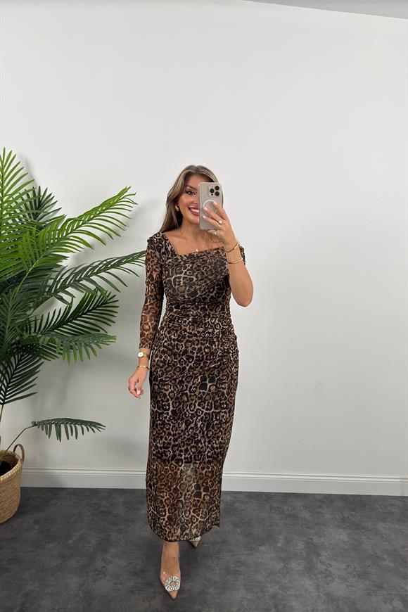 Marka Model Likralı Leopar Tül Elbise