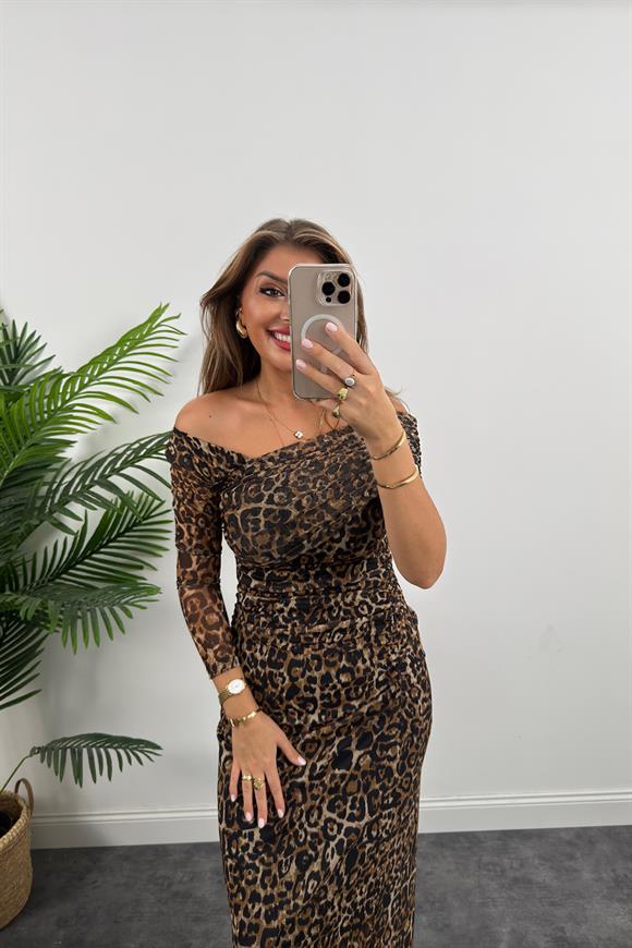 Marka Model Likralı Leopar Tül Elbise