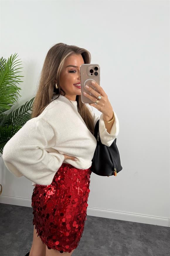 Marka Model Likralı Mini Payet Etek Kırmızı