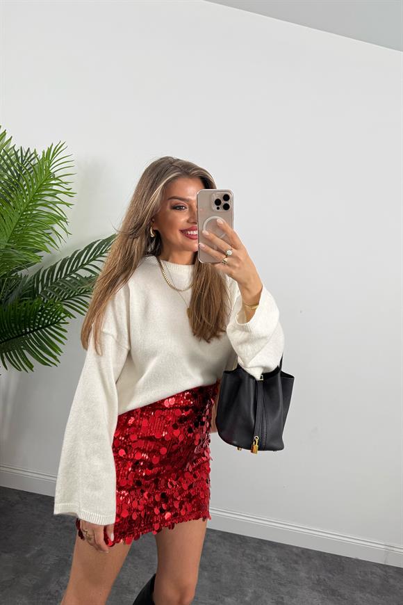 Marka Model Likralı Mini Payet Etek Kırmızı