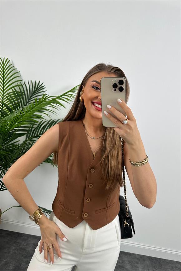 Marka Model Lüx Kalite Astarlı Krep Kumaş Yelek Taba