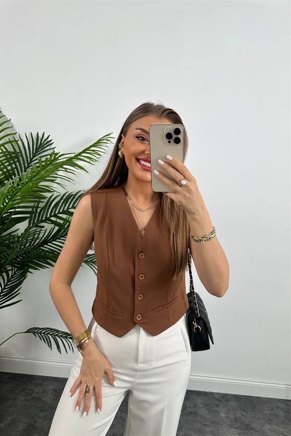 Marka Model Lüx Kalite Astarlı Krep Kumaş Yelek Taba