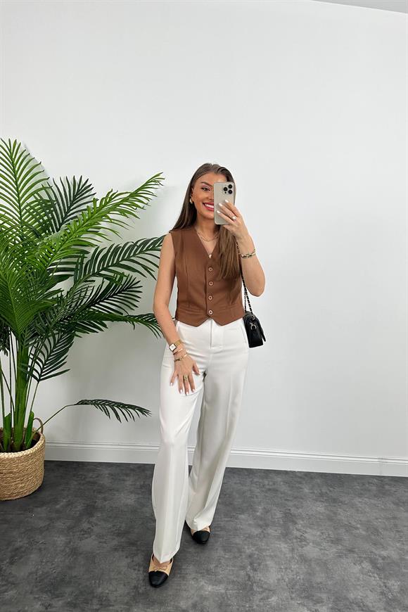 Marka Model Lüx Kalite Astarlı Krep Kumaş Yelek Taba