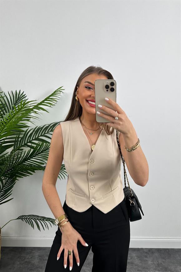 Marka Model Lüx Kalite Astarlı Krep Kumaş Yelek Taş