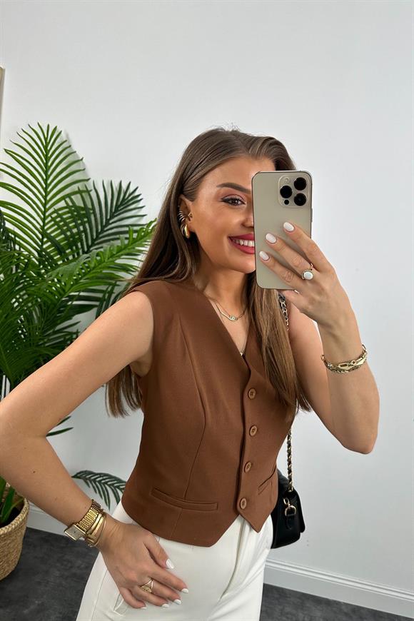 Marka Model Lüx Kalite Astarlı Krep Kumaş Yelek Taba