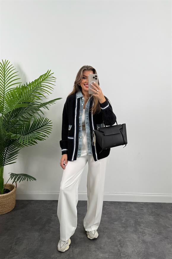 Marka Model Lüx Kalite Jean Garnili Tasarım Şönil Kalın Ceket Siyah