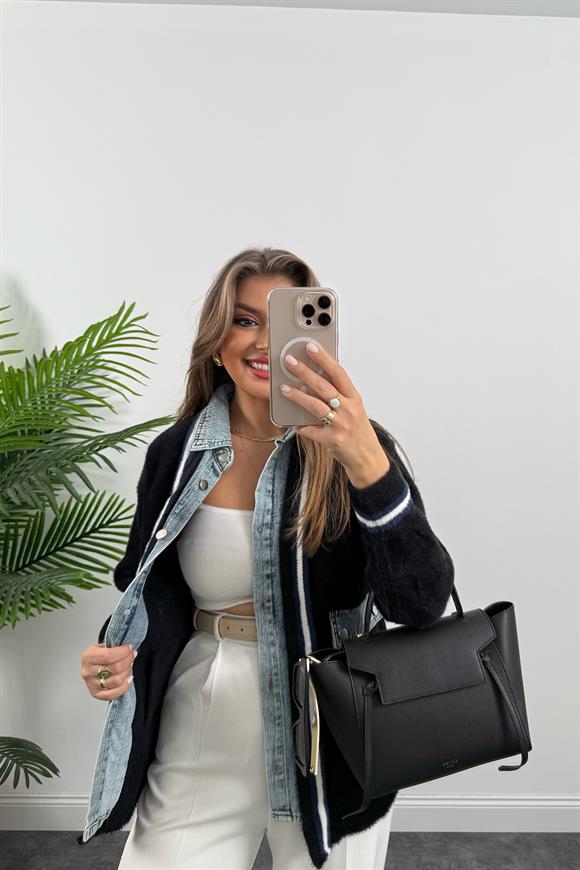 Marka Model Lüx Kalite Jean Garnili Tasarım Şönil Kalın Ceket Siyah