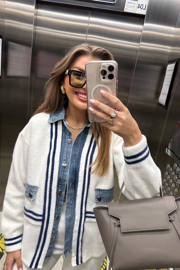 Marka Model Lüx Kalite Jean Garnili Tasarım Şönil Kalın Ceket Beyaz