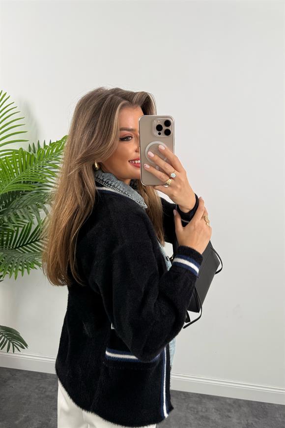 Marka Model Lüx Kalite Jean Garnili Tasarım Şönil Kalın Ceket Siyah