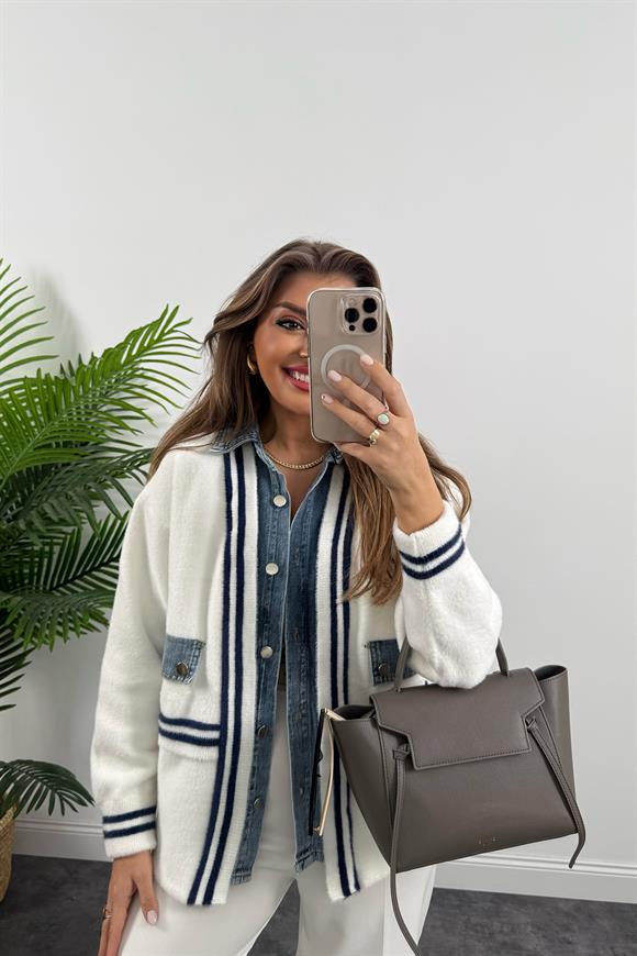 Marka Model Lüx Kalite Jean Garnili Tasarım Şönil Kalın Ceket Beyaz