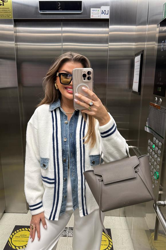 Marka Model Lüx Kalite Jean Garnili Tasarım Şönil Kalın Ceket Beyaz