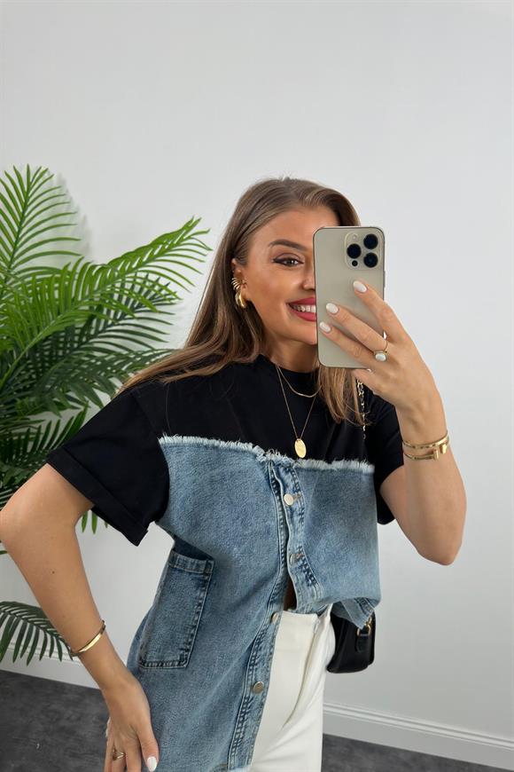 Marka Model Lüx Kalite Jean Mixli Bluz Siyah
