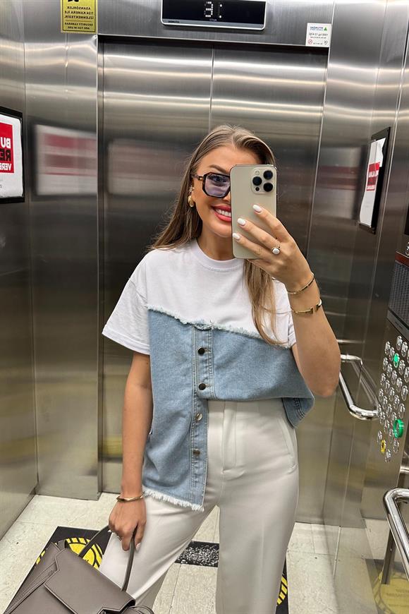 Marka Model Lüx Kalite Jean Mixli Bluz Beyaz