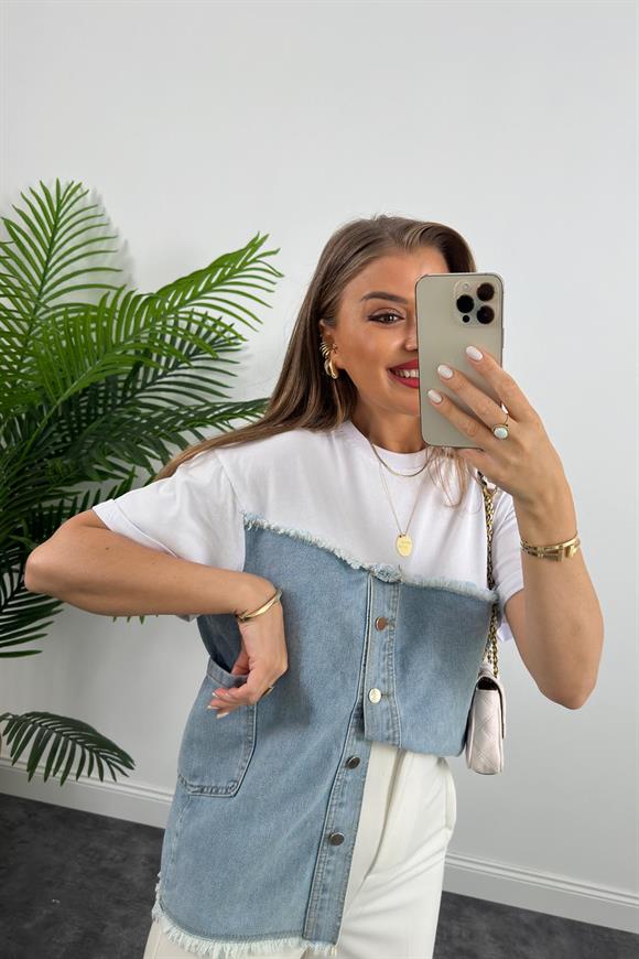Marka Model Lüx Kalite Jean Mixli Bluz Beyaz