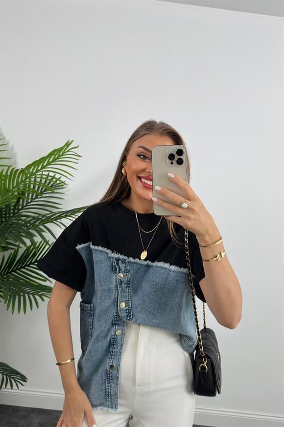 Marka Model Lüx Kalite Jean Mixli Bluz Siyah