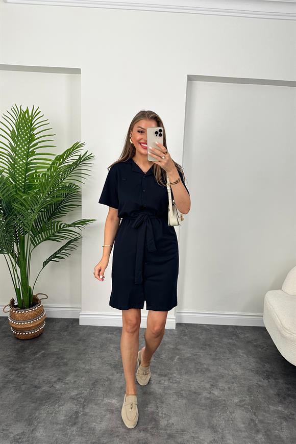 Marka Model Lüx Kalite Polo Yaka Kuşaklı Basic Elbise Lacivert