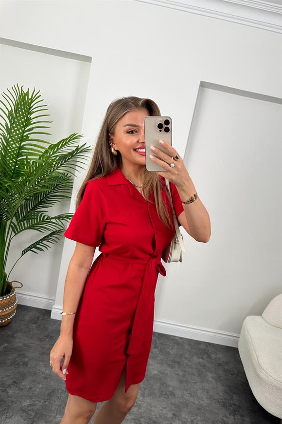 Marka Model Lüx Kalite Polo Yaka Kuşaklı Basic Elbise Kırmızı