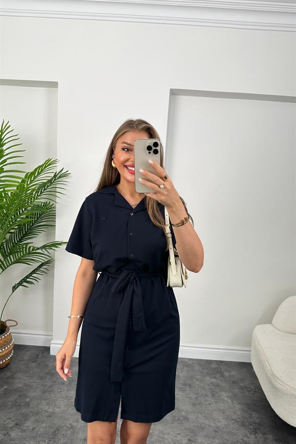 Marka Model Lüx Kalite Polo Yaka Kuşaklı Basic Elbise Lacivert