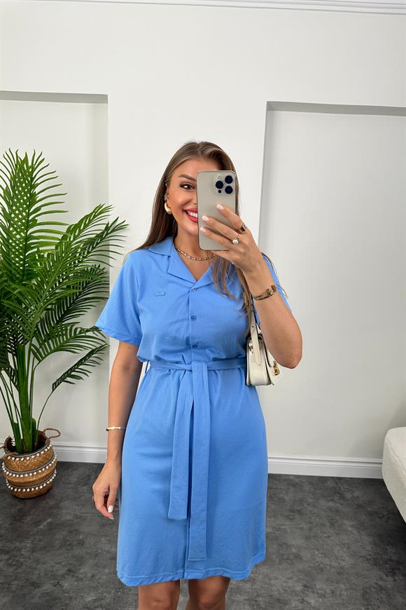 Marka Model Lüx Kalite Polo Yaka Kuşaklı Basic Elbise İndigo Mavi