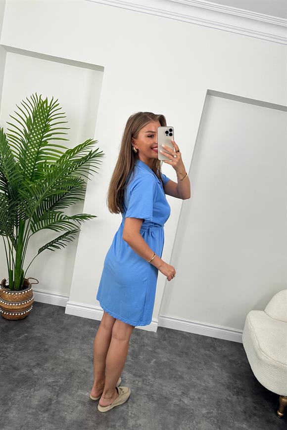 Marka Model Lüx Kalite Polo Yaka Kuşaklı Basic Elbise İndigo Mavi