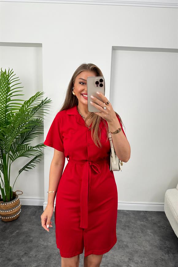 Marka Model Lüx Kalite Polo Yaka Kuşaklı Basic Elbise Kırmızı